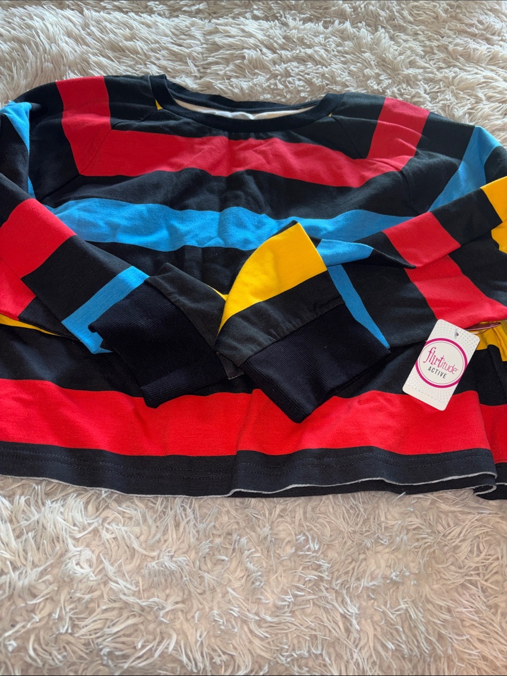 flirtitude Black Striped Long Sleeve Top with Red, Blue & Yellow Accents